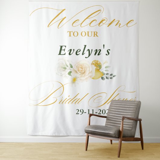 Lemon Eucalyptus Rose Elegantes Script Brautparty Wandteppich (Beispiel)