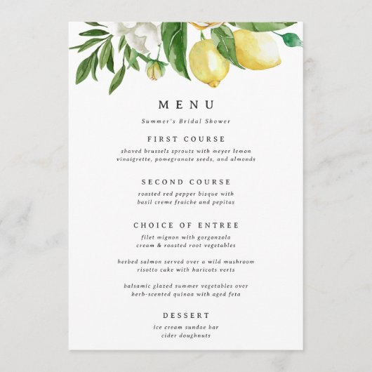 Lemon Floral Brautparty oder Wedding Menu Card Einladung (Vorderseite)