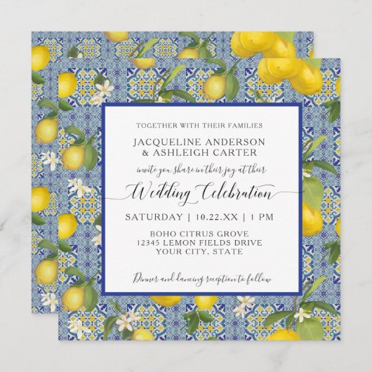 Lemon Floral Citrus Blue and White Tile Wedding Einladung (Vorne/Hinten)