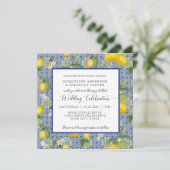 Lemon Floral Citrus Blue and White Tile Wedding Einladung (Stehend Vorderseite)