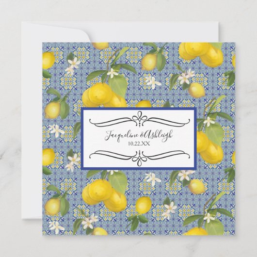 Lemon Floral Citrus Blue and White Tile Wedding Einladung (Rückseite)