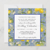 Lemon Floral Citrus Blue and White Tile Wedding Einladung (Vorderseite)