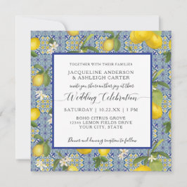 Lemon Floral Citrus Blue and White Tile Wedding Einladung