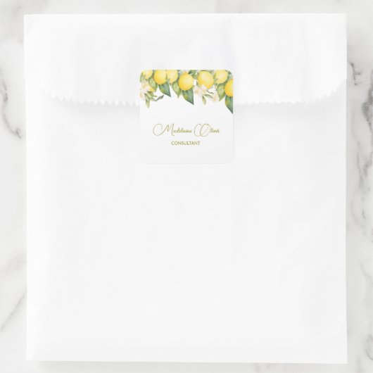 Lemon Floral Citrus Modernes Personal Business Quadratischer Aufkleber (Tasche)