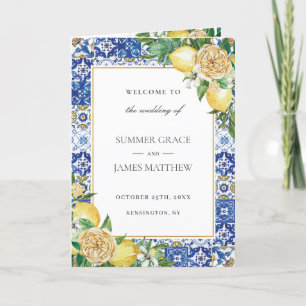 Lemon Floral Greenery Azure Mosaic Tiles Wedding Programm