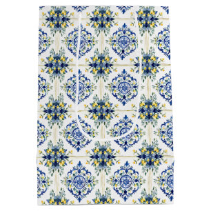 Lemon Floral Italienisch Tile Blau und Weiß Decoup Mittlere Geschenktüte