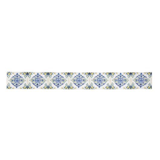 Lemon Floral Italienisch Tile Blau und Weiß Decoup Satinband (Vorderseite)