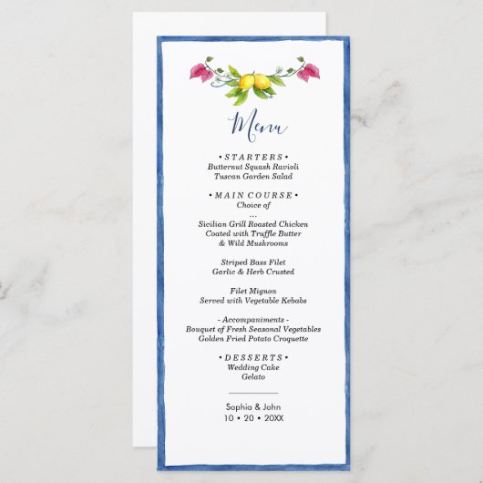 Lemon Floral Mediteran Amalfi Hochzeit Menükarte (Vorne/Hinten)