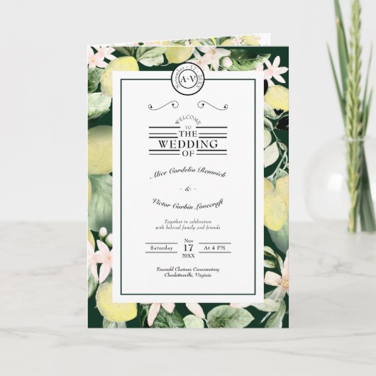 Lemon Floral Monogram Emerald Green Wedding geklap Programm (Vorderseite)