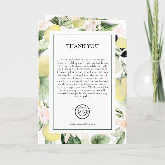 Lemon Floral Monogram White Wedding geklappt Programm (Rückseite)