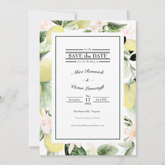 Lemon Floral Monogram White Wedding Save The Date (Vorderseite)