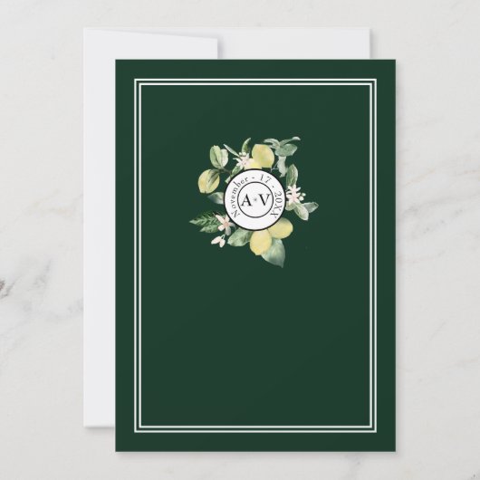 Lemon Floral Monogram White Wedding Save The Date (Rückseite)