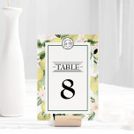 Lemon Floral Monogram White Wedding Tischnummer<br><div class="desc">Dieses Lemon Floral Monogram White Wedding Tischnummer Design ist eine brillante Wahl, um eine elegante und schöne Ästhetik für Ihre Hochzeit oder andere besondere Anlass zu schaffen. Klassisches Weiß mit ausgeklügelter Schwarztypografie und schicken Kalligraphie-Sets, ein Ton des modernen und dennoch traditionellen Stils. Dunkelgrüne Ränder und Hintergründe fügen eine polierte Ästhetik...</div>