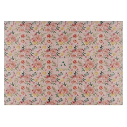Lemon  Floral pink Peony rustic Pattern monogram Schneidebrett (Vorderseite)