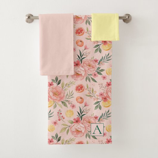 Lemon Floral pink Peony rustikales Muster Monogram Badhandtuch Set (Insitu)