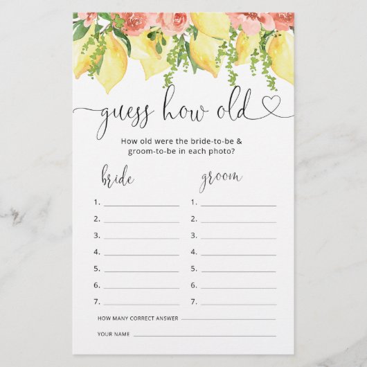 Lemon Floral Wie alt waren sie Braut Duschspiel (Vorderseite)