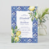 Lemon Foliage Blue Mediterranean Wedding Einladung (Stehend Vorderseite)