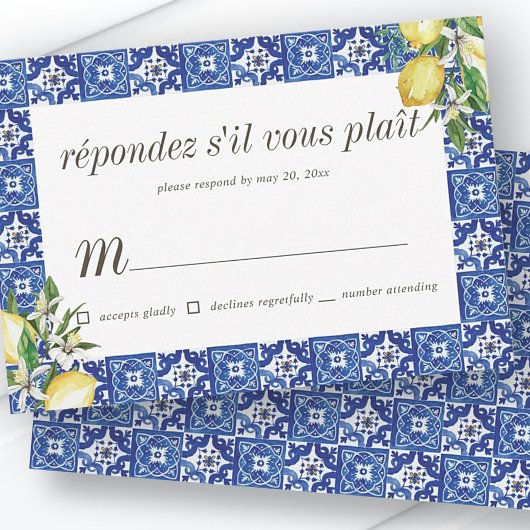 Lemon Foliage Blue Mediterranean Wedding RSVP Karte