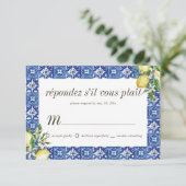 Lemon Foliage Blue Mediterranean Wedding RSVP Karte (Stehend Vorderseite)