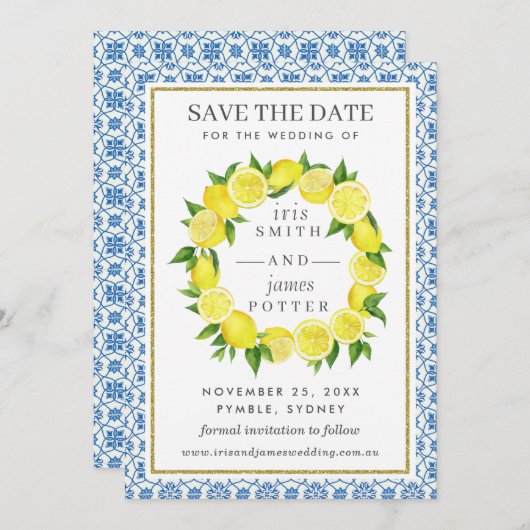 Lemon Foliage Mediterrane Save the Date Karte (Vorne/Hinten)