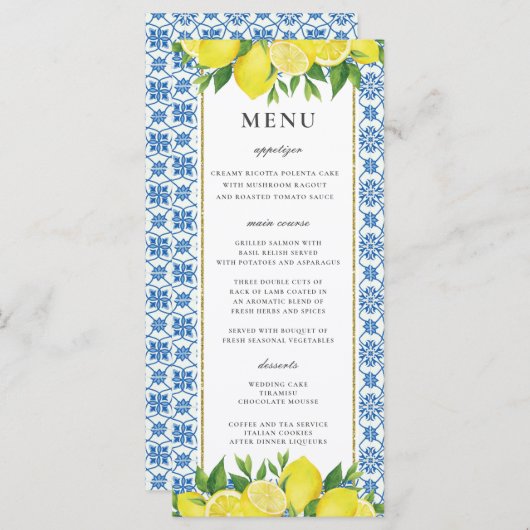 Lemon Foliage Mediterranean Wedding Menu Card Menükarte (Vorne/Hinten)