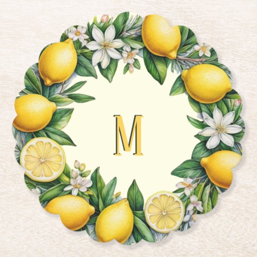 Lemon Frucht Blume Fresh Citrus Mit Monogramm Untersetzer (Vorderseite)