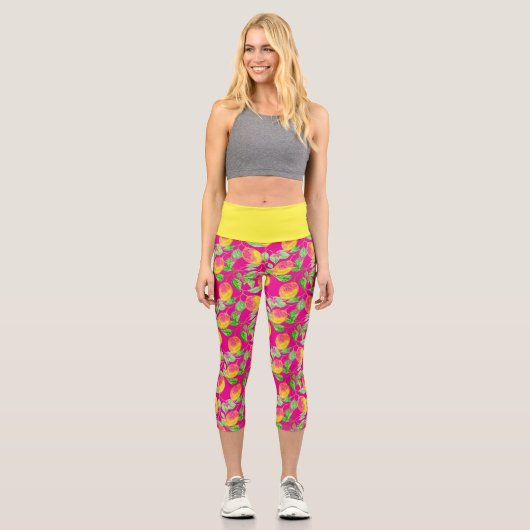 Lemon Fruchtmuster gelb pinkgrün Capri Leggings (Vorderseite)
