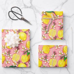 Lemon Fruit and Lemon Blossom Pink Geschenkpapier Set
