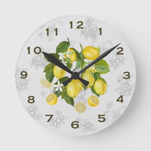 Lemon & Fruit Kitchen Wall Clock Grau Runde Wanduhr (Vorderseite)
