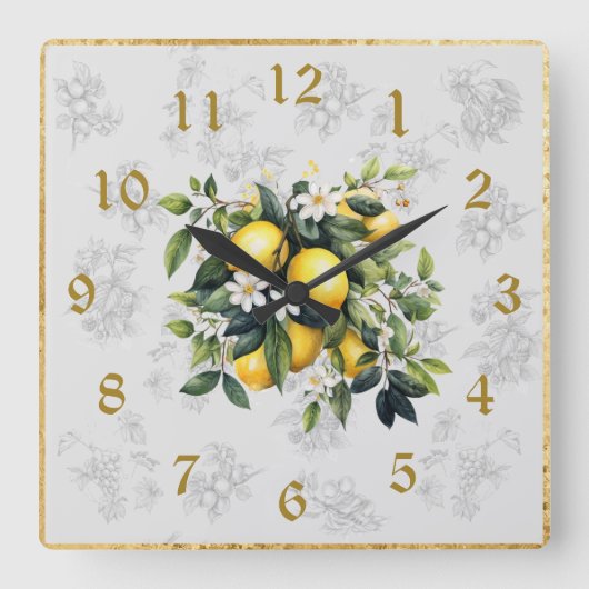Lemon & Fruit Kitchen Wall Clock Gray 2024 Quadratische Wanduhr (Vorderseite)