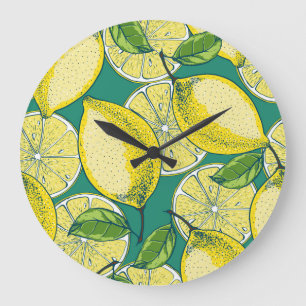 Lemon Fruit Vintag Nahtlose Illustration Große Wanduhr