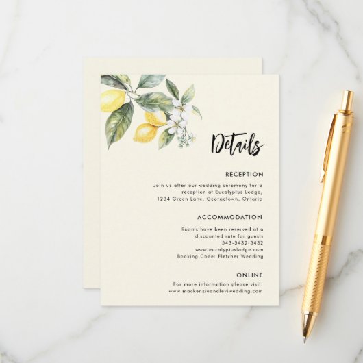 Lemon Garden Wedding Details Einfache Eintrittskar Begleitkarte (Vorderseite/Rückseite Beispiel)