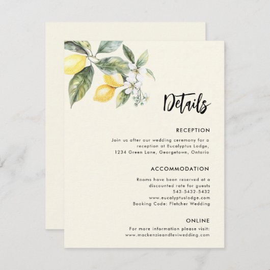 Lemon Garden Wedding Details Einfache Eintrittskar Begleitkarte (Vorne/Hinten)