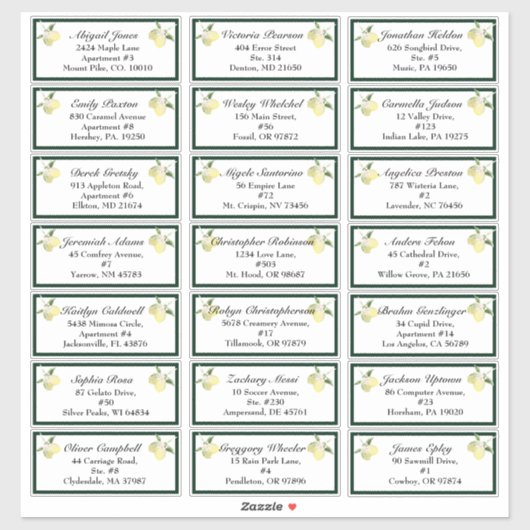 Lemon Garden White Wedding Guest Address Aufkleber (Blatt)