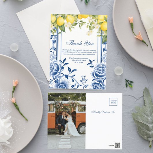 Lemon gelb und marineblau Hochzeit Vielen Dank Postkarte