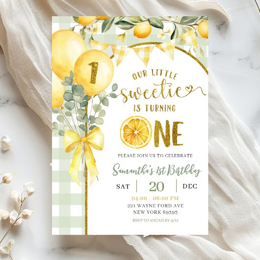 Lemon Gingham 1st birthday invitation Einladung