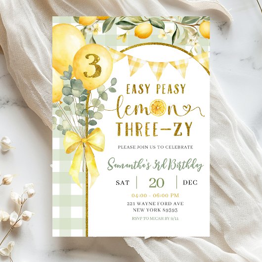 Lemon Gingham 3rd birthday invitation Einladung