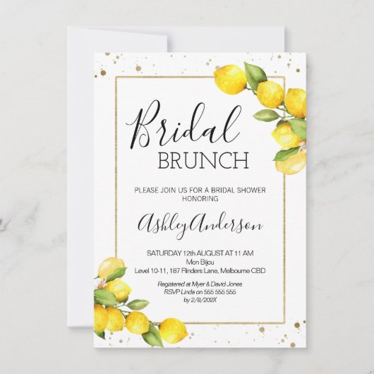 Lemon Gold Frame Bridal Brunch Brautparty Einladung (Vorderseite)