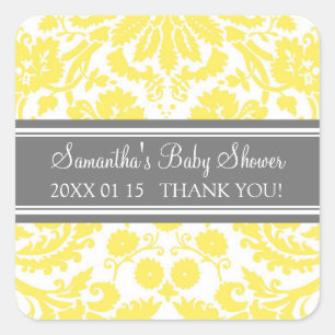 Lemon Gray Damask Baby Dusche Pflegeaufkleber Quadratischer Aufkleber
