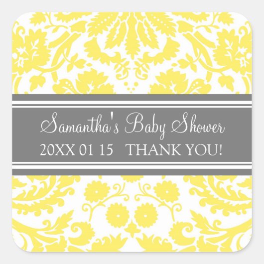 Lemon Gray Damask Baby Dusche Pflegeaufkleber Quadratischer Aufkleber (Vorderseite)