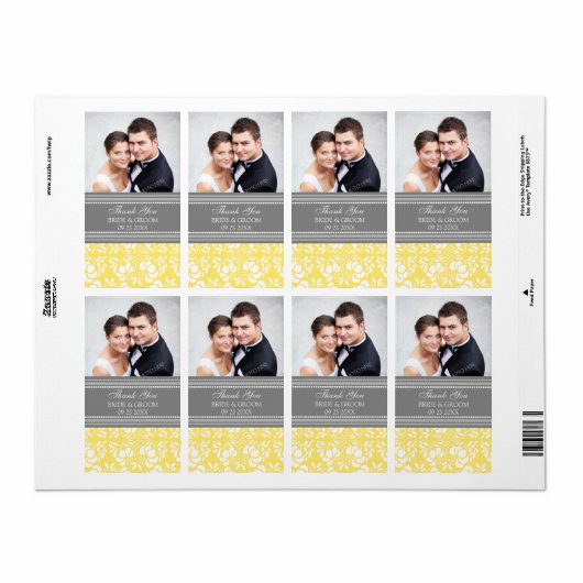Lemon Gray Damask Foto Wedding Labels (Vorne)