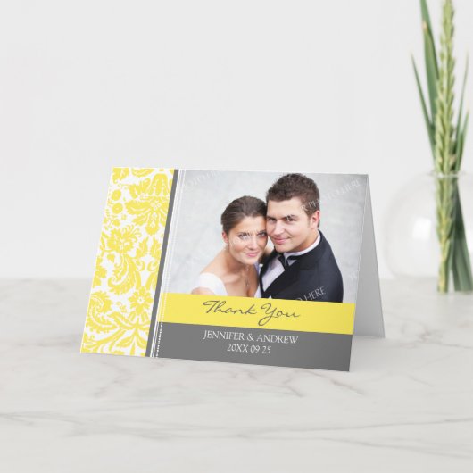 Lemon Gray Damask Wedding Dankeschön Card Dankeskarte (Vorderseite)