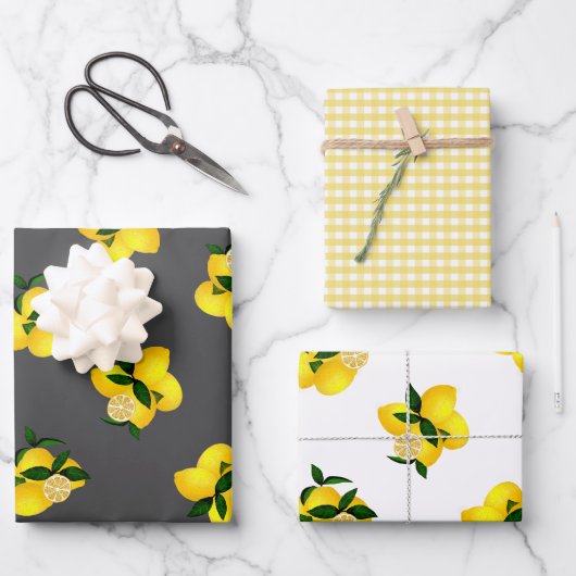 Lemon Gray Gingham Geschenkpapier Set (Vorderseite)