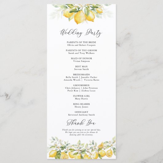 Lemon Green Citrus Wedding Programm (Rückseite)