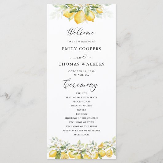 Lemon Green Citrus Wedding Programm (Vorderseite)