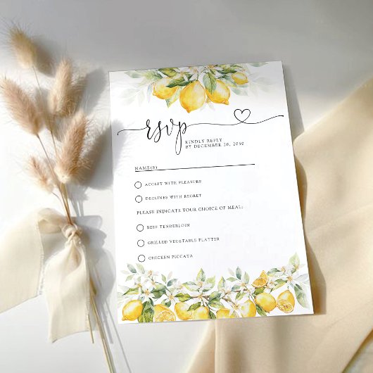 Lemon Green Citrus Wedding RSVP Card Karte