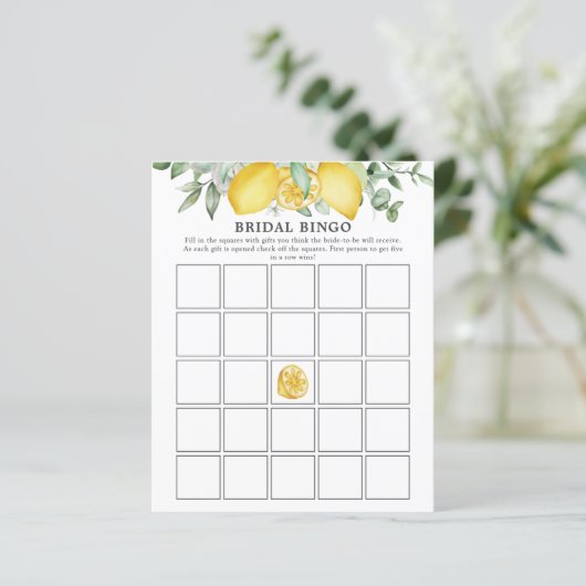 Lemon Greenery Citrus Brautparty Bingo Game (Stehend Vorderseite)