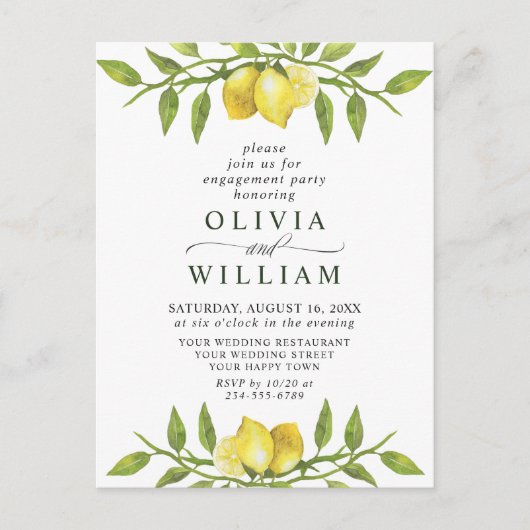 Lemon Greenery ENGAGEMENT PARTY Einladung Postkarte (Vorderseite)