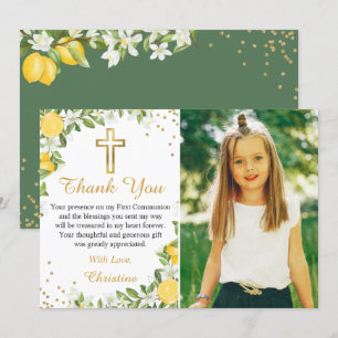 Lemon Greenery Gold Cross Erste Kommunion Foto Dankeskarte