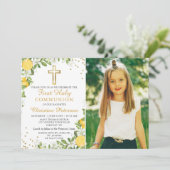 Lemon Greenery Gold Glitzer Erste Kommunion Foto Einladung (Stehend Vorderseite)